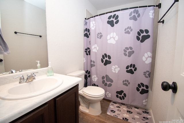 bathroom with wood-type flooring, vanity, and toilet