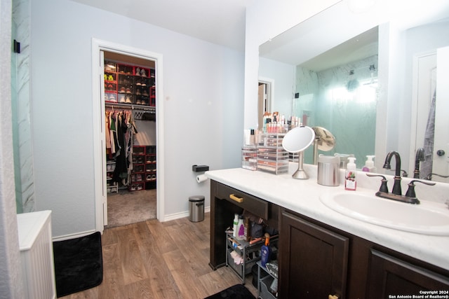 bathroom featuring wood-type flooring, vanity, and radiator