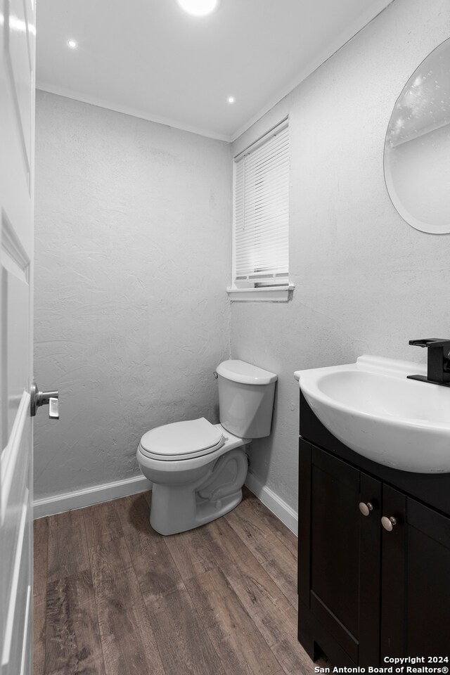 bathroom featuring hardwood / wood-style floors, vanity, and toilet