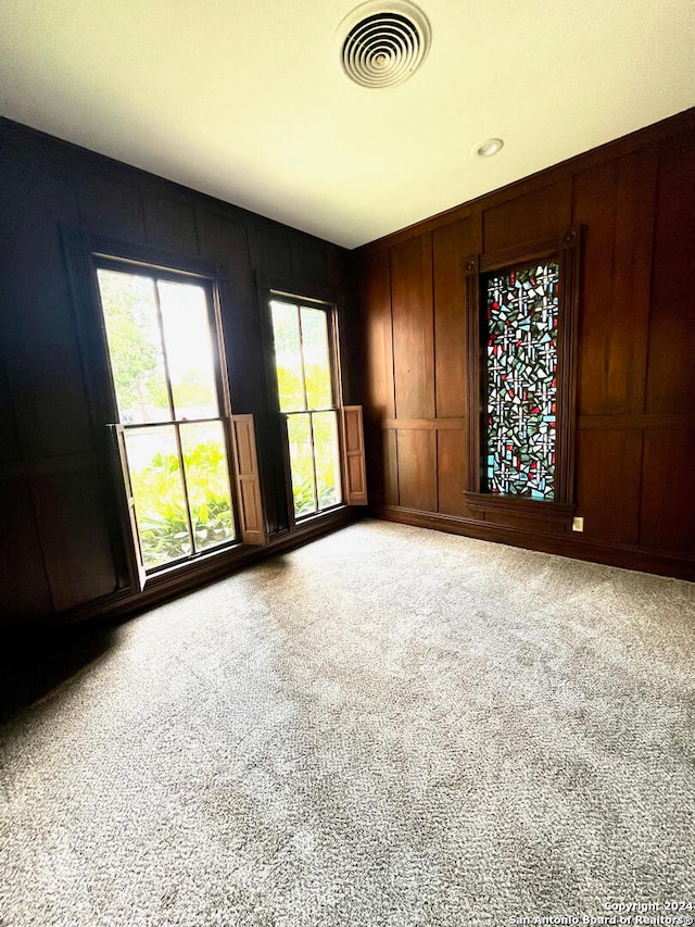 carpeted empty room featuring wooden walls