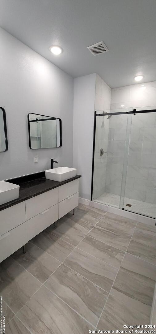 bathroom with vanity and walk in shower