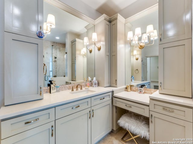 bathroom featuring vanity, a shower with shower door, and ornamental molding