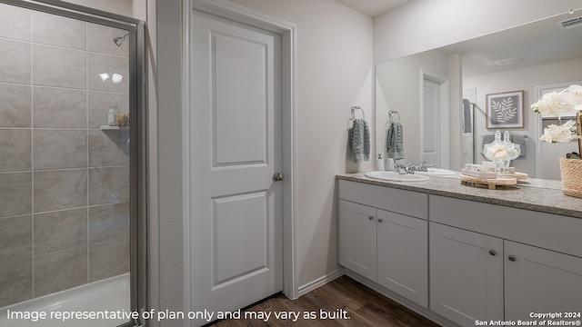 bathroom featuring walk in shower, vanity, and wood-type flooring