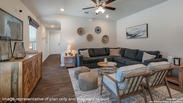 living room with vaulted ceiling, ceiling fan, and dark hardwood / wood-style flooring