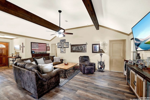 living room featuring vaulted ceiling with beams, dark hardwood / wood-style flooring, and ceiling fan