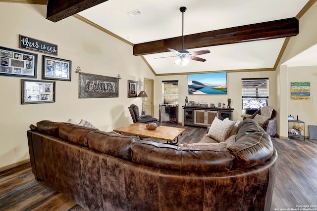 living room featuring vaulted ceiling with beams, dark hardwood / wood-style flooring, and ceiling fan