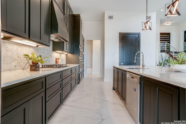 kitchen with visible vents, wall chimney exhaust hood, marble finish floor, stainless steel appliances, and a sink