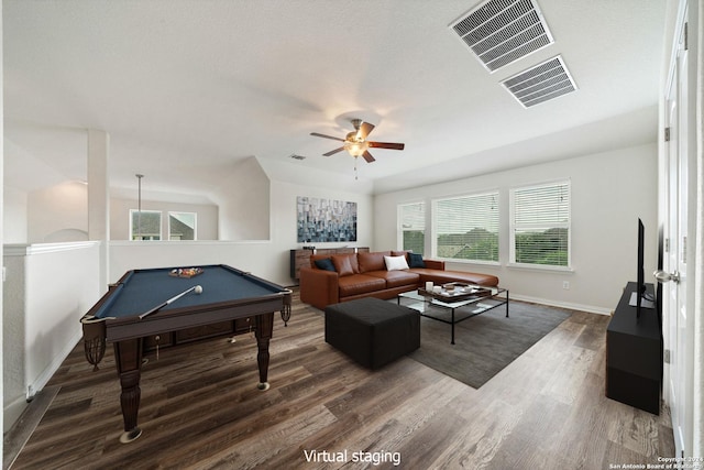 playroom featuring ceiling fan, dark wood-type flooring, a healthy amount of sunlight, and billiards