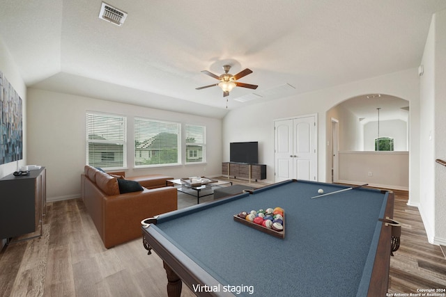 rec room with ceiling fan, pool table, vaulted ceiling, and hardwood / wood-style flooring