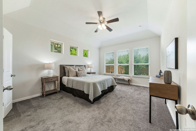 carpeted bedroom with ceiling fan and lofted ceiling