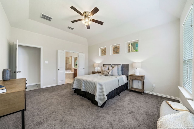 bedroom featuring carpet floors, ensuite bathroom, and ceiling fan