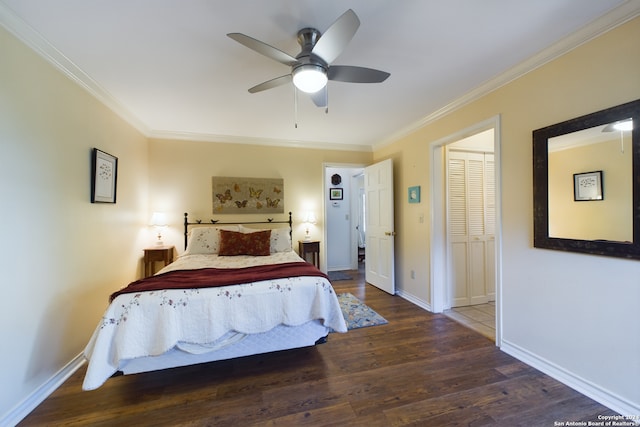 bedroom featuring ceiling fan, crown molding, baseboards, and wood finished floors