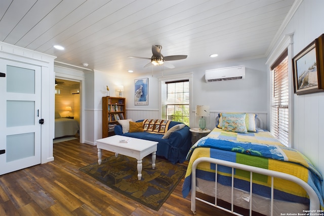 bedroom with a wall mounted air conditioner, ornamental molding, wood finished floors, recessed lighting, and wood ceiling