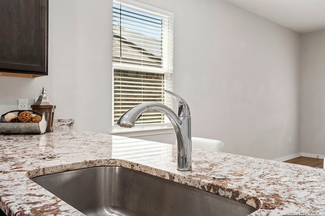 details with wood-type flooring, light stone counters, dark brown cabinets, and sink