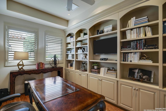 home office featuring ceiling fan and light wood-type flooring