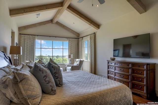 bedroom featuring hardwood / wood-style flooring, lofted ceiling with beams, and ceiling fan