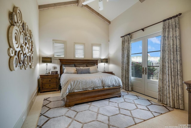 bedroom with high vaulted ceiling, light colored carpet, beam ceiling, and french doors