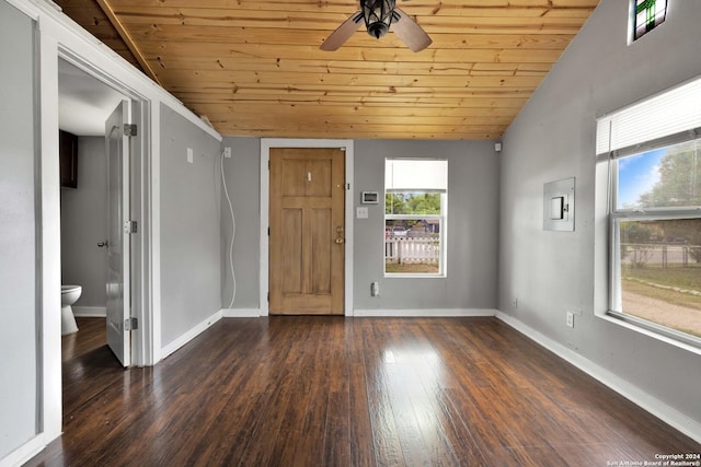 entrance foyer with ceiling fan, dark wood-type flooring, wooden ceiling, and lofted ceiling