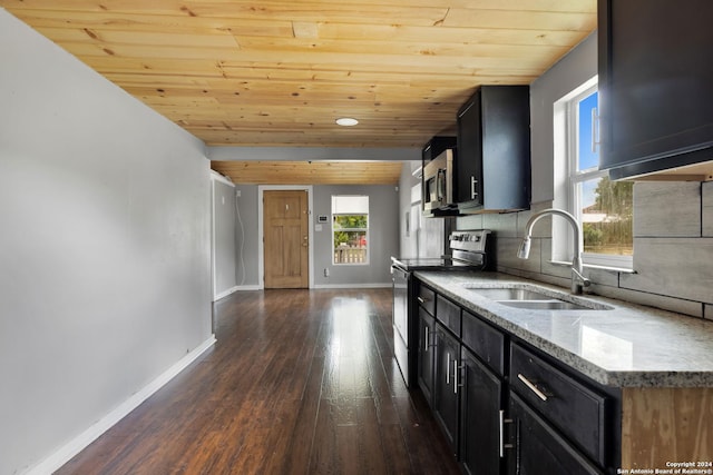 kitchen featuring sink, a wealth of natural light, appliances with stainless steel finishes, stone countertops, and wood ceiling