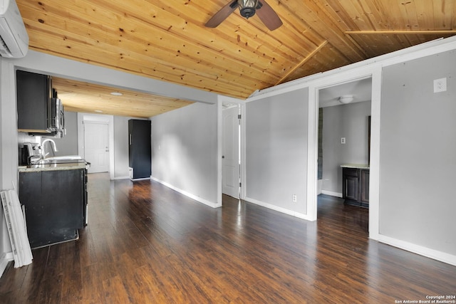 unfurnished living room with dark hardwood / wood-style flooring, a wall unit AC, wooden ceiling, and sink