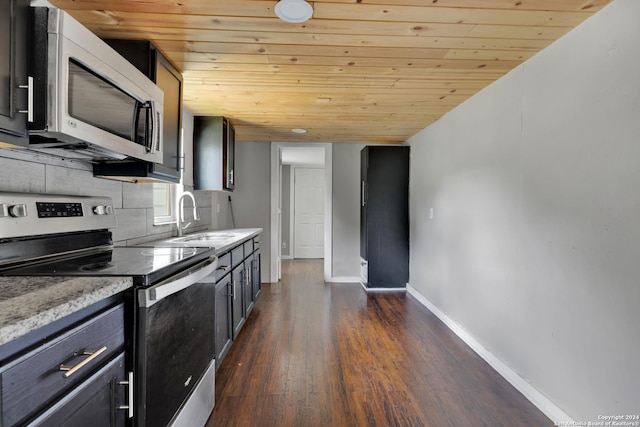 kitchen featuring dark wood-type flooring, stainless steel appliances, wooden ceiling, and sink