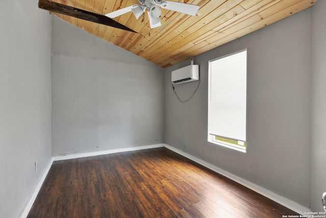 unfurnished room with ceiling fan, wooden ceiling, a wall mounted air conditioner, dark hardwood / wood-style flooring, and vaulted ceiling