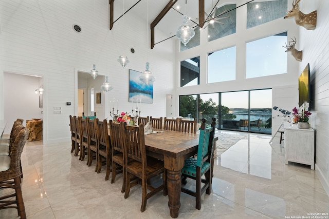 dining space featuring high vaulted ceiling