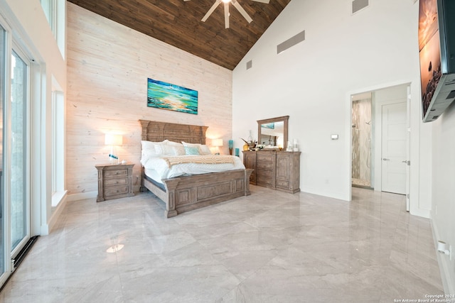 bedroom with wooden walls, ceiling fan, wood ceiling, and high vaulted ceiling