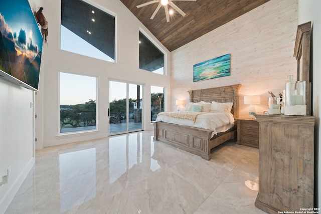 bedroom with access to outside, ceiling fan, high vaulted ceiling, and wooden ceiling