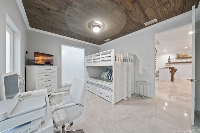 bedroom featuring wood walls and wood ceiling