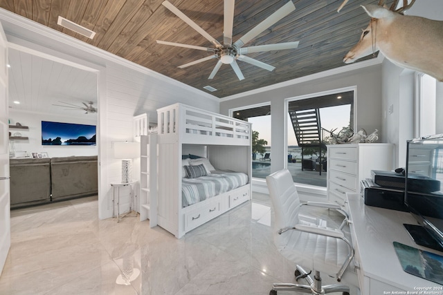 bedroom featuring crown molding, ceiling fan, and wooden ceiling