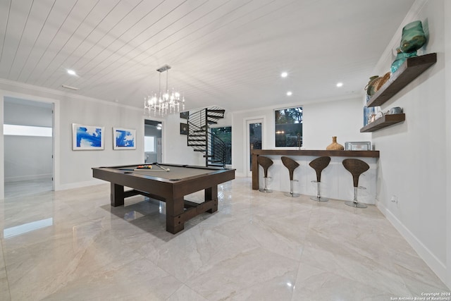 playroom featuring wood ceiling, crown molding, and pool table