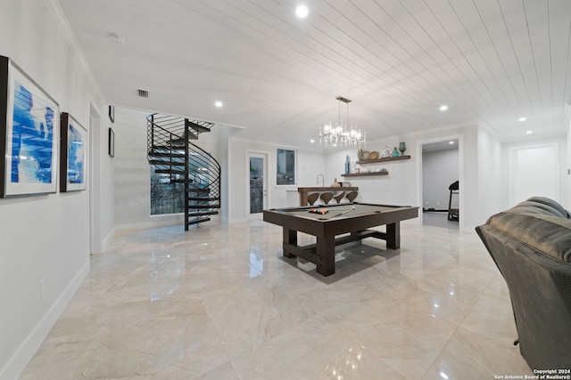 recreation room with a chandelier, ornamental molding, wood ceiling, and pool table