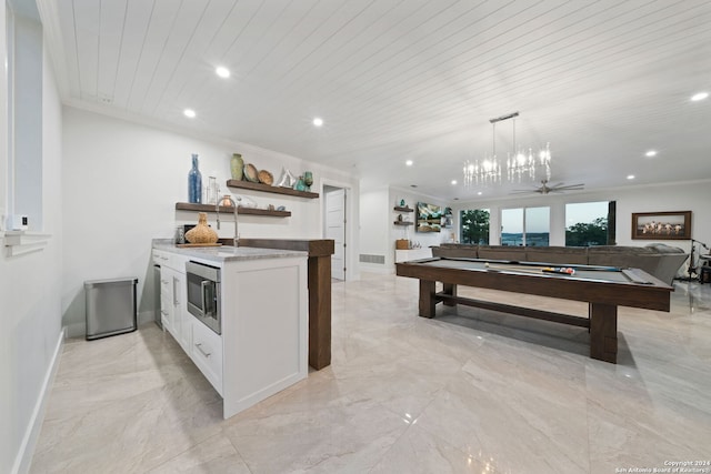 game room featuring ceiling fan, sink, wooden ceiling, and billiards