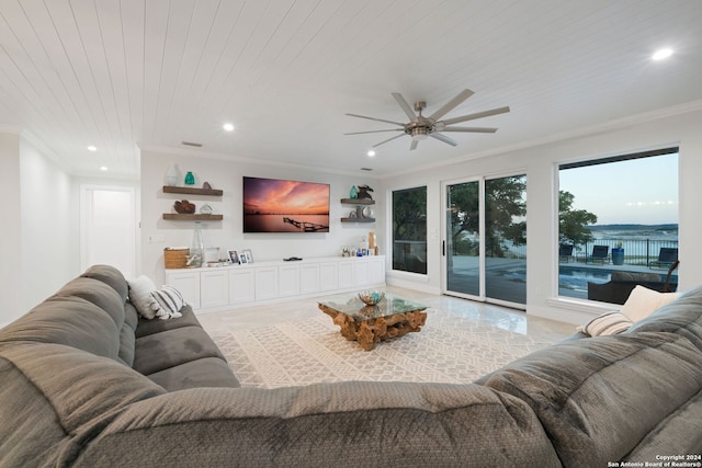 tiled living room with ceiling fan, wood ceiling, and crown molding