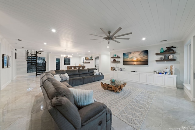 living room featuring ornamental molding, ceiling fan with notable chandelier, and wooden ceiling