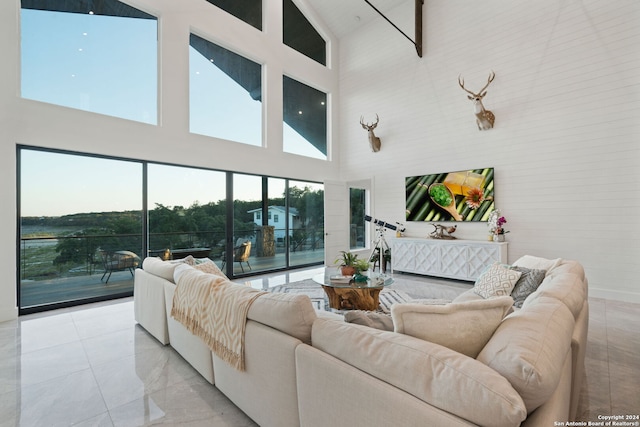 living room featuring a towering ceiling