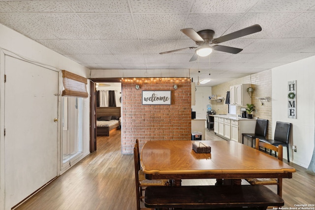 dining area featuring ceiling fan, brick wall, a drop ceiling, and light wood-type flooring