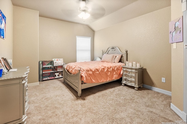 bedroom with ceiling fan, light carpet, and lofted ceiling