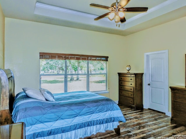 bedroom featuring a tray ceiling, ornamental molding, ceiling fan, and dark hardwood / wood-style flooring