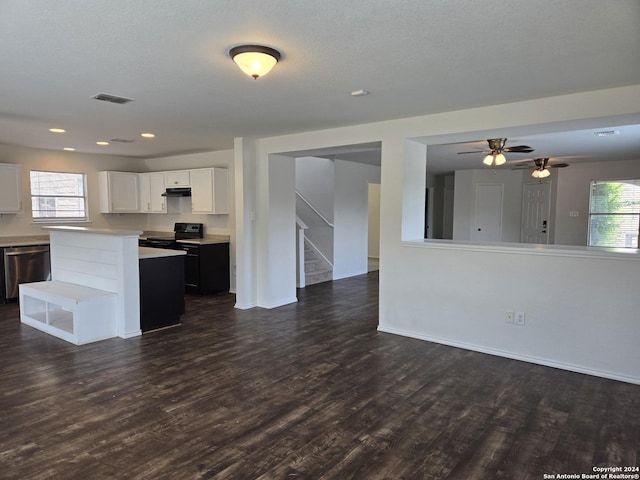 kitchen with white cabinets, a center island, dark wood-type flooring, electric range, and stainless steel dishwasher