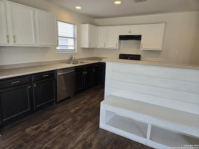 kitchen featuring sink, white cabinets, stainless steel dishwasher, and dark hardwood / wood-style floors