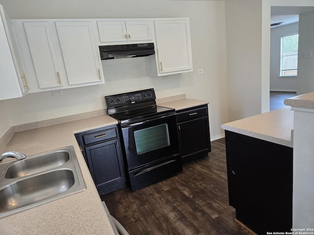 kitchen with sink, white cabinetry, dark hardwood / wood-style flooring, and black electric range