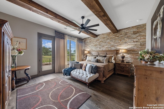 bedroom featuring hardwood / wood-style floors, access to exterior, ceiling fan, and beam ceiling