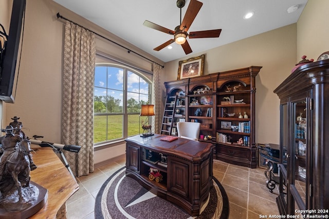 office space with recessed lighting, baseboards, and ceiling fan