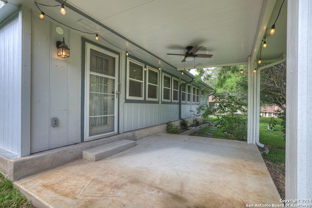 view of patio / terrace featuring ceiling fan and a porch