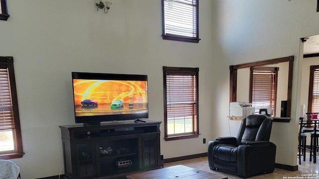 living area with a healthy amount of sunlight and a high ceiling