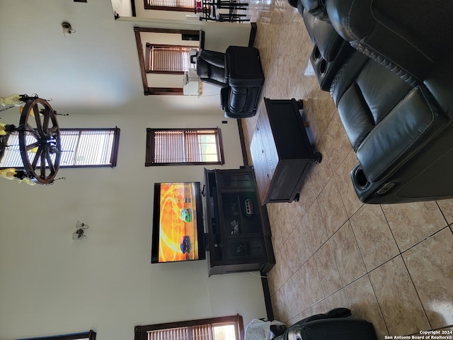 living room with tile walls