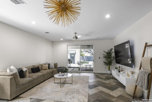 living room featuring ceiling fan