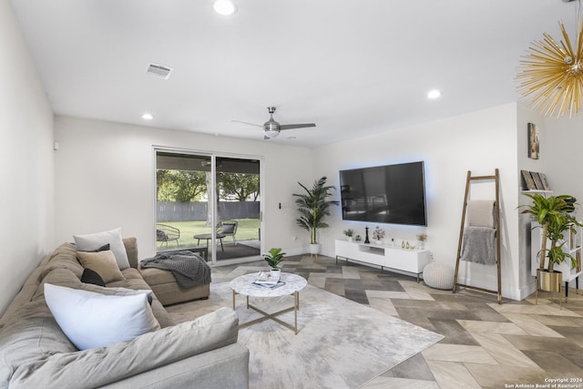 living room featuring ceiling fan